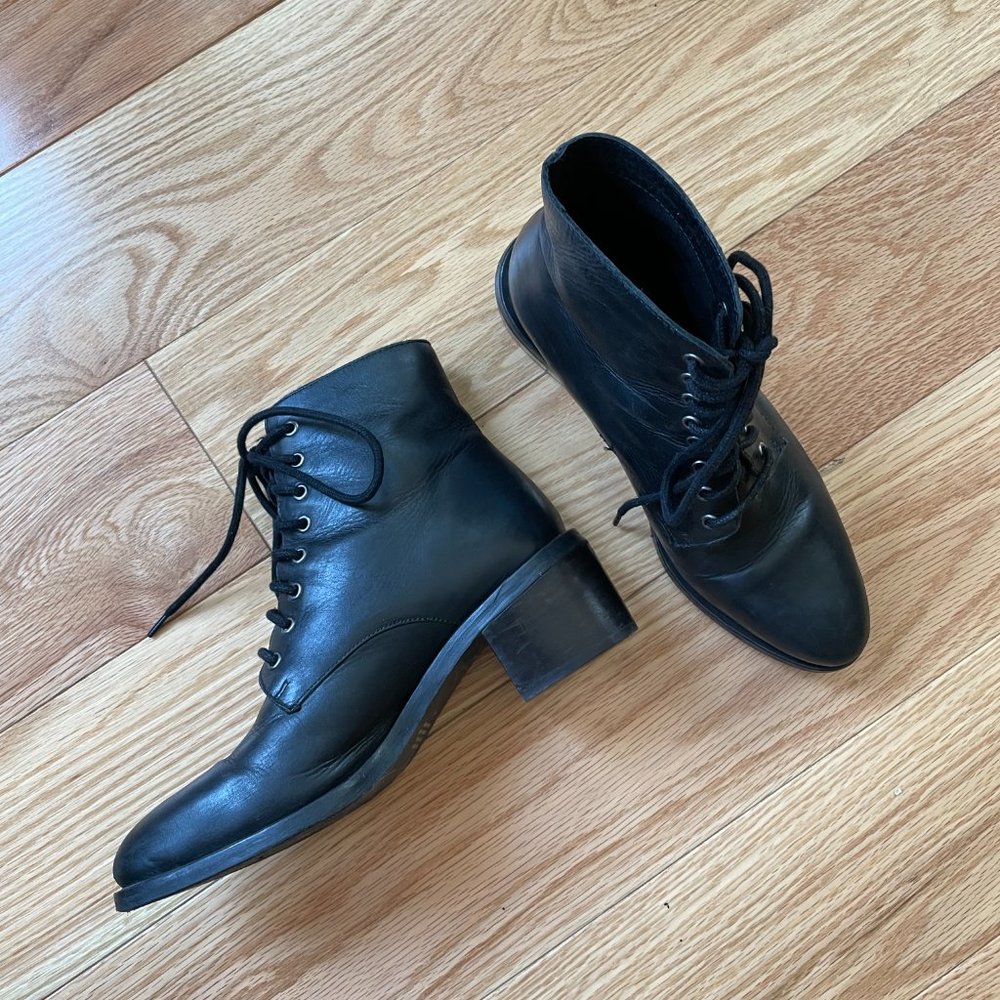 Black Leather Lace Up Ankle Boots, Size 9